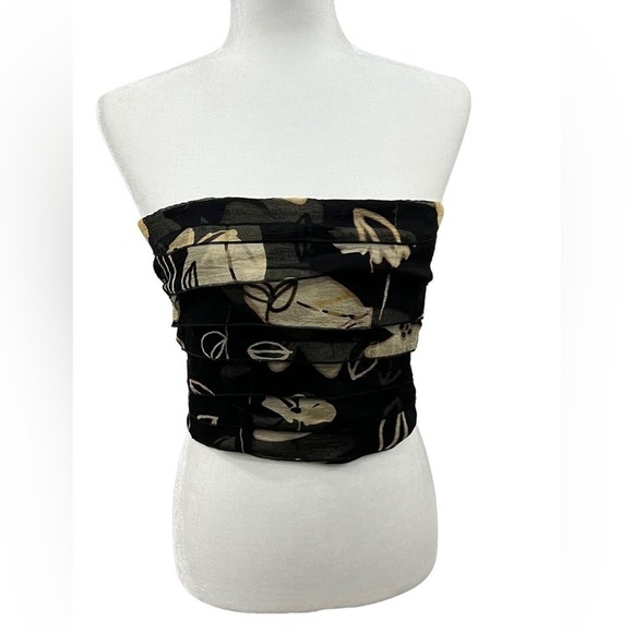 Armani Collezioni Silk Bandeau Sz 6 Black & Beige Floral Layered Strapless Top - Picture 1 of 15